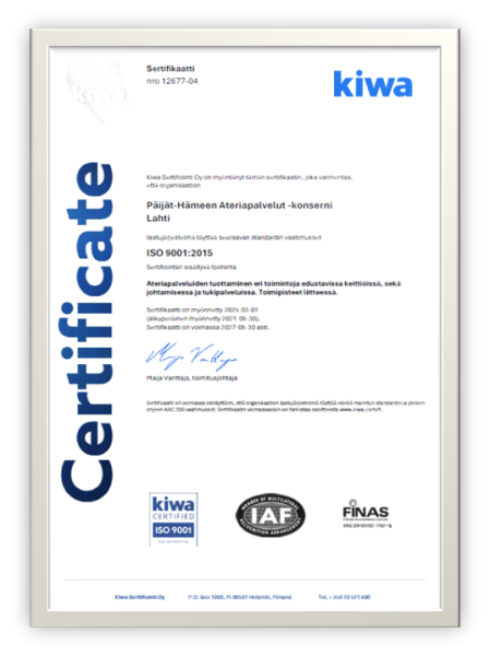 Laatusertifikaatti ISO 9001